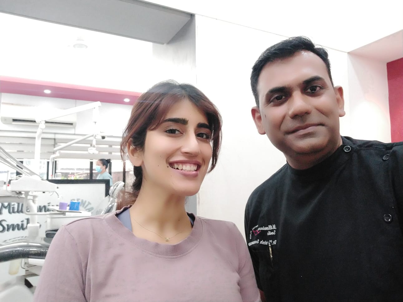 Actress patient with Dr. Manish Sonawane at Millennium Smile Dental Clinic